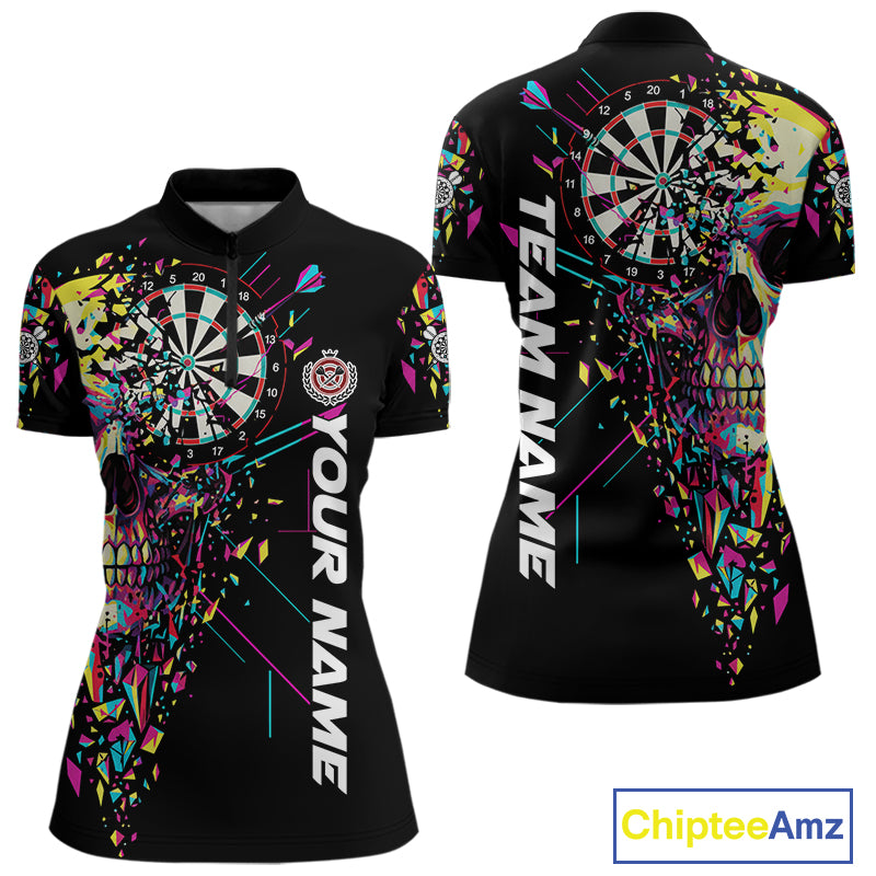 Custom Colorful Shatter Skull & Dartboard Darts Quarter-Zip Shirt For Women Cracked Dart Jerseys NYN1960