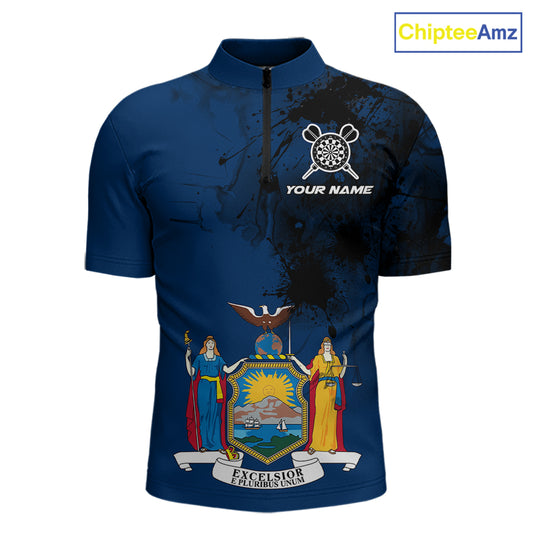 Personalized New York Flag Black Splatter Dart 1/4-Zip  Shirts For Men Custom Dart Team Jerseys NYN2715