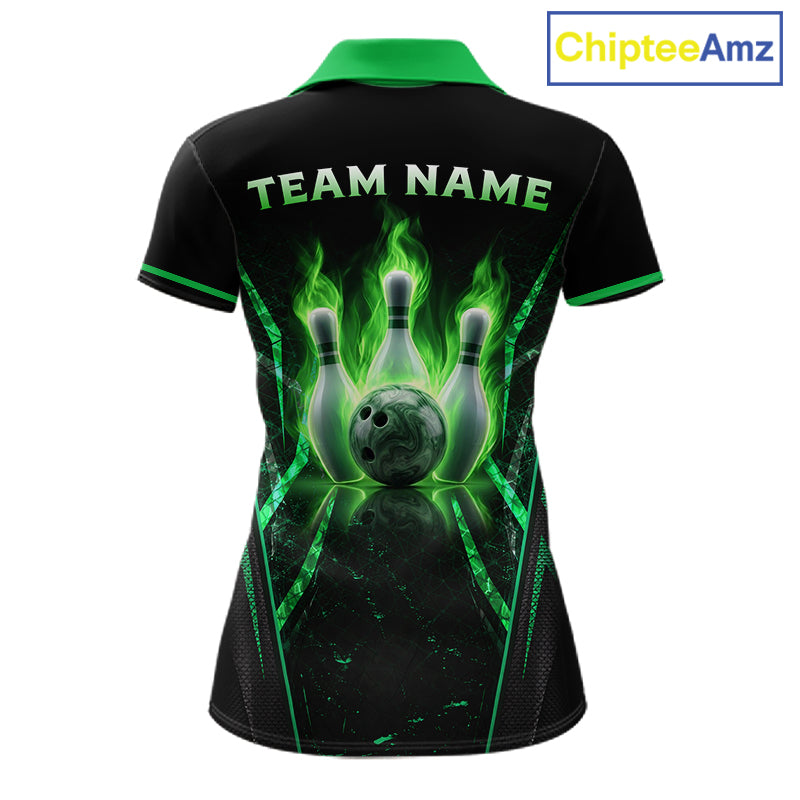 Custom Green Flaming Womens Bowling Jerseys Personalized Bowling Team Shirts For Bowlers NYN3075