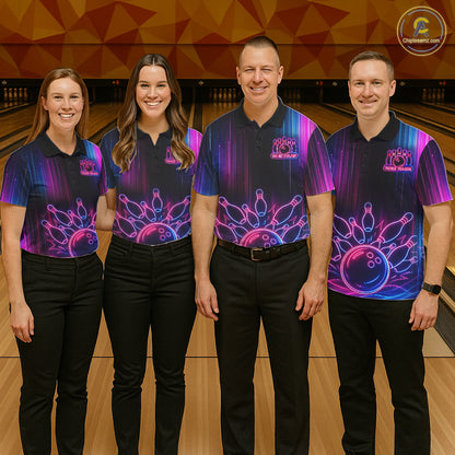 Pink And Blue Neon Lightning Bowling Polo & 1/4-Zip Shirt For Men Custom Team Bowling Jersey NYN3240