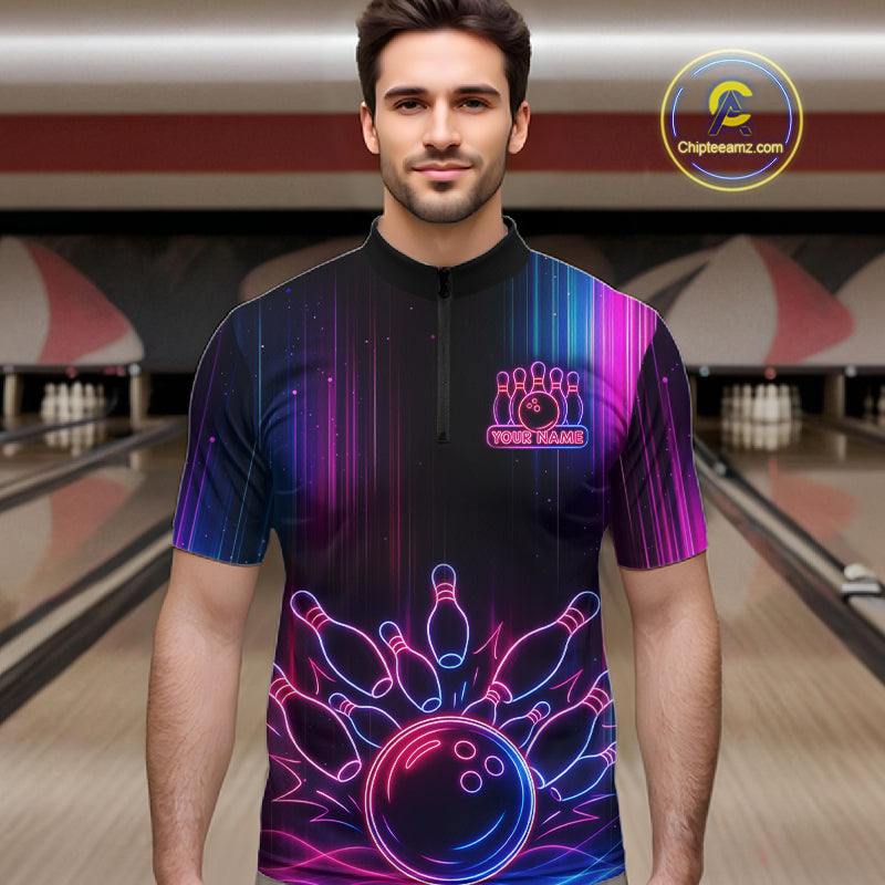 Pink And Blue Neon Lightning Bowling Polo & 1/4-Zip Shirt For Men Custom Team Bowling Jersey NYN3240