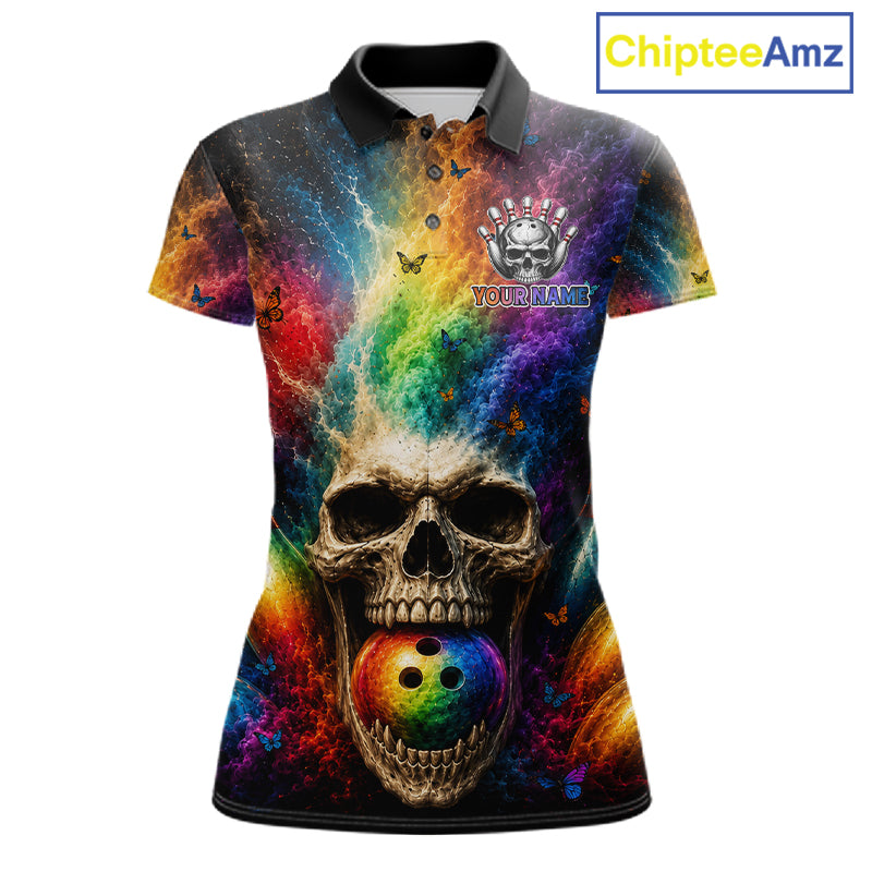 Colorful Smoke Skull Butterfly Bowling Polo featuring artistic skull and butterfly graphics, personalized bowling team name, moisture-wicking athletic polo, gothic bowling apparel, tattoo-inspired artwork, Halloween sportswear, custom league jersey.
