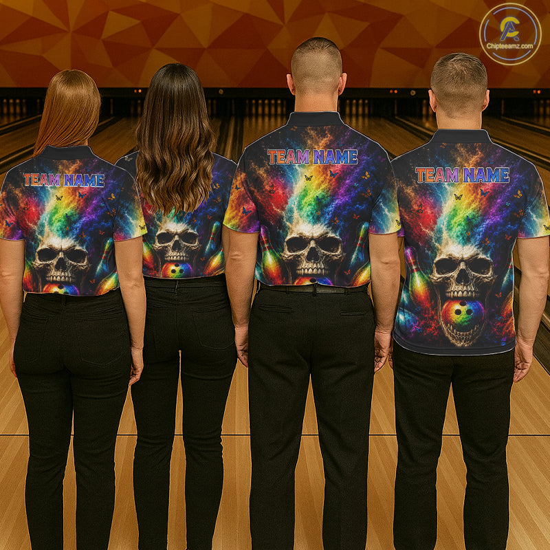 Professional bowling team wearing matching Skull Butterfly jerseys, personalized names, gothic-inspired uniforms, Halloween bowling events, tattoo culture, artistic expression, teamwork, resilience, championship apparel.