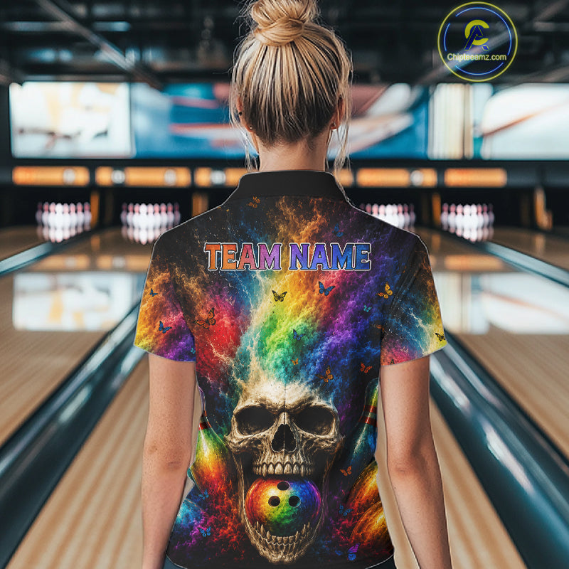 Female bowler modeling Skull Butterfly bowling jersey symbolizing transformation, resilience, rebirth, artistic expression, gothic fashion, Halloween spirit, personalized bowling apparel.