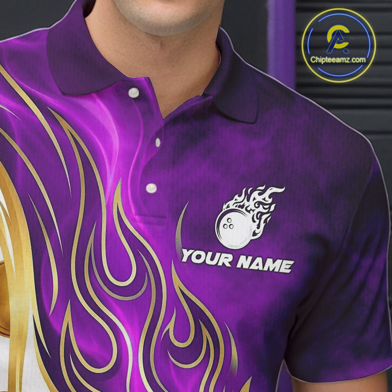 Male bowler wearing Gold & Purple Flames bowling shirt symbolizing power, leadership, determination, championship performance, custom bowling team sportswear.
