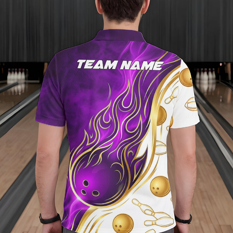 Male bowler wearing Gold & Purple Flames bowling shirt symbolizing power, leadership, determination, championship performance, custom bowling team sportswear.