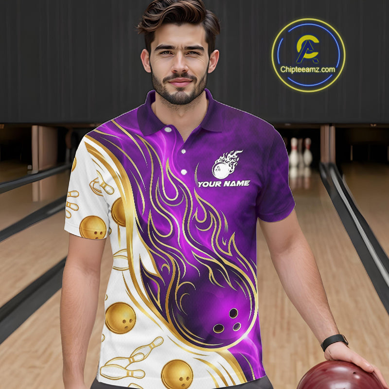 Male bowler wearing Gold & Purple Flames bowling shirt symbolizing power, leadership, determination, championship performance, custom bowling team sportswear.