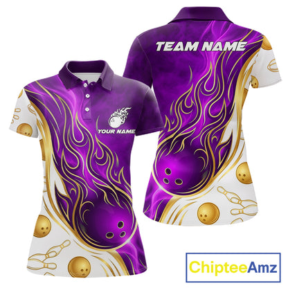 Gold & Purple Flames Bowling Polo featuring dynamic flame graphics, personalized bowling team name, breathable performance polo, moisture-wicking tournament apparel, luxury sportswear, championship bowling jersey, royal purple accents.