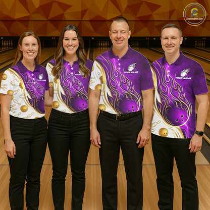 Bowling team wearing matching Gold & Purple Flames jerseys with personalized names, USBC league uniforms, royal-inspired sportswear, championship apparel, teamwork, excellence, leadership, victory symbolism.
