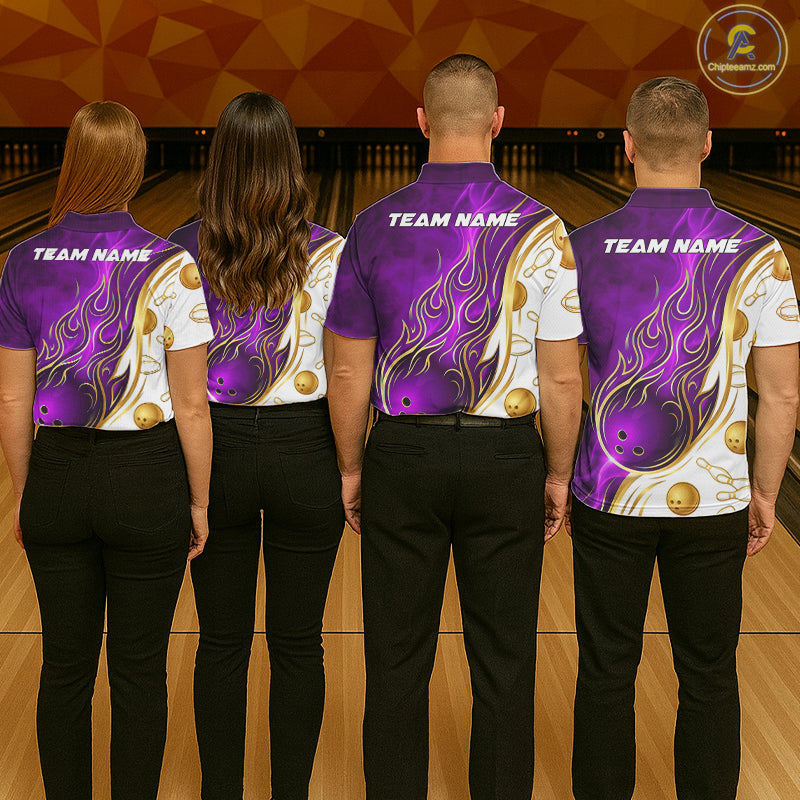 Bowling team wearing matching Gold & Purple Flames jerseys with personalized names, USBC league uniforms, royal-inspired sportswear, championship apparel, teamwork, excellence, leadership, victory symbolism.