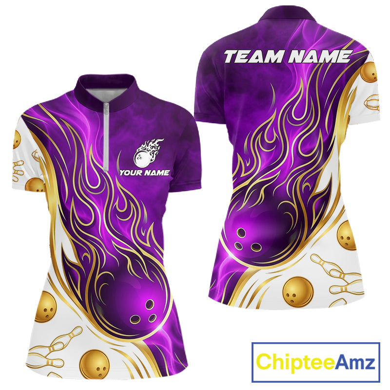Gold & Purple Flames Quarter-Zip Bowling Shirt featuring personalized graphics, quick-dry performance fabric, custom tournament jersey, elegant flame artwork, bowling league apparel.