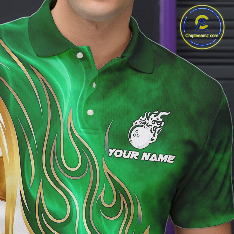 Male bowler wearing Gold & Green Flames bowling shirt featuring confidence, ambition, championship spirit, custom league apparel, performance sportswear.