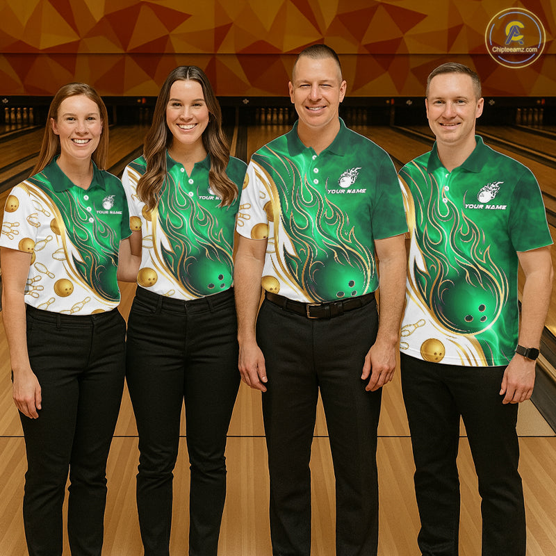 Professional bowling team wearing matching Gold & Green Flames jerseys with personalized names, tournament uniforms, prosperity symbolism, teamwork, leadership, success, USBC league apparel, championship clothing.