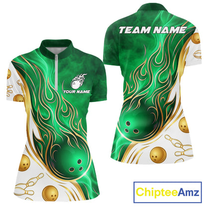Gold & Green Flames Quarter-Zip Bowling Shirt featuring personalized team graphics, moisture-wicking performance fabric, custom tournament apparel, elegant flame artwork, athletic bowling clothing.