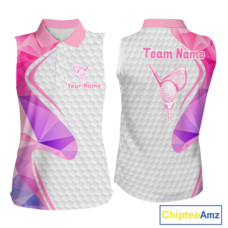 Pink And Purple Diamond Geometric Golf Sleeveless Polo Golf Shirts For Women Custom Golf Team Attire NYN3248