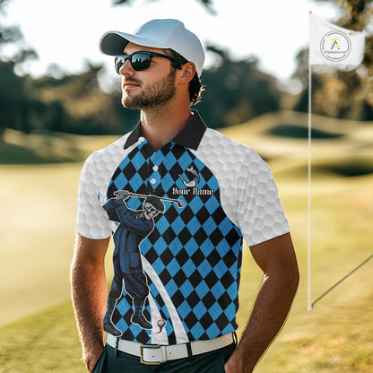 Golfer Skeleton Golf Polo Shirts For Men Custom Blue Argyle Pattern Team Name Golf Clothes NYN3253