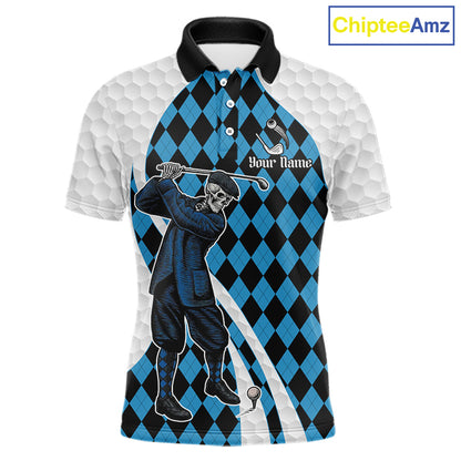 Golfer Skeleton Golf Polo Shirts For Men Custom Blue Argyle Pattern Team Name Golf Clothes NYN3253