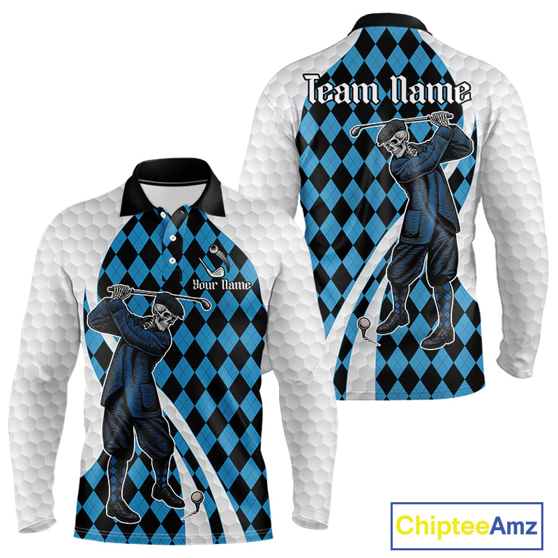 Golfer Skeleton Golf Polo Shirts For Men Custom Blue Argyle Pattern Team Name Golf Clothes NYN3253