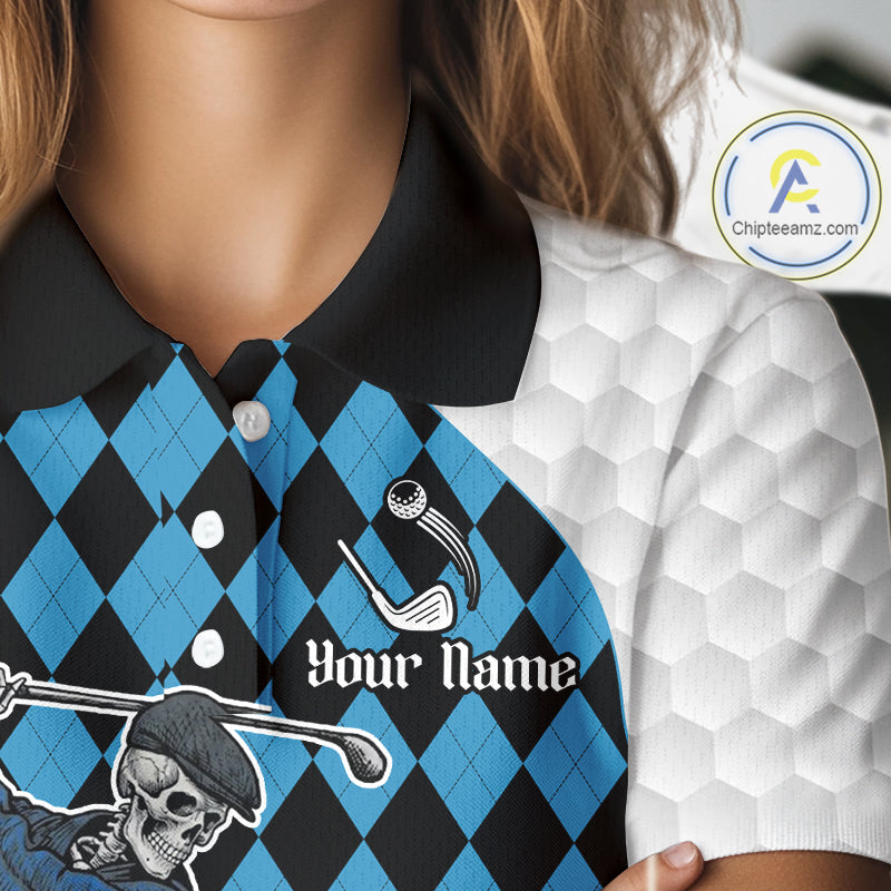 Golfer Skeleton Golf Polo Shirts For Women Custom Blue Argyle Pattern Team Name Golf Clothes NYN3253