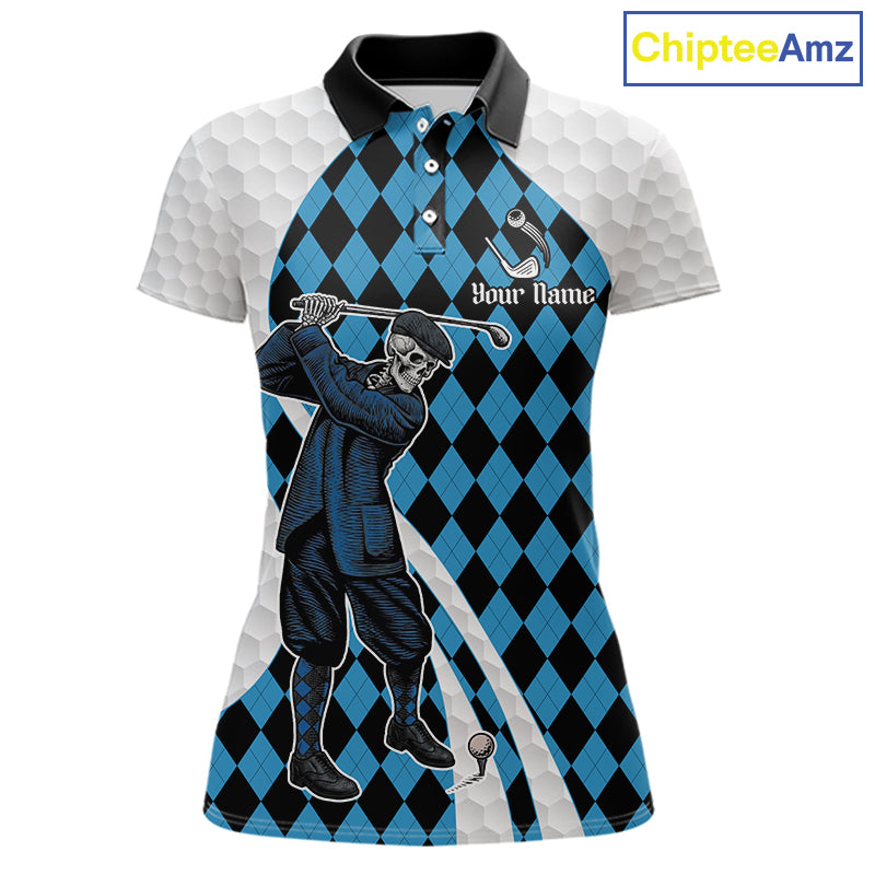Golfer Skeleton Golf Polo Shirts For Women Custom Blue Argyle Pattern Team Name Golf Clothes NYN3253