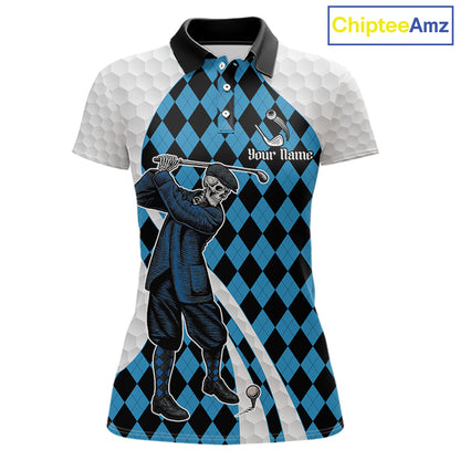 Golfer Skeleton Golf Polo Shirts For Women Custom Blue Argyle Pattern Team Name Golf Clothes NYN3253