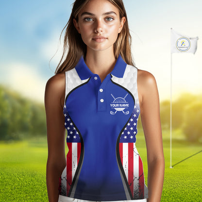 Grunge American Flag Golf Sleeveless Polo Shirts For Women Custom Golf Team Attire For Golfers | Blue NYN3257