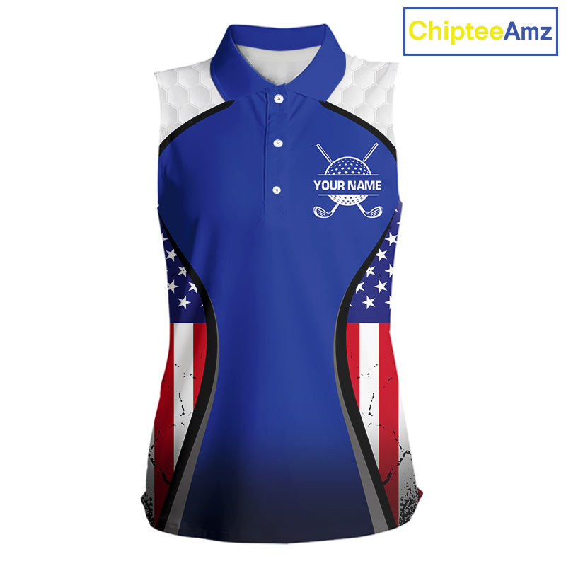 Grunge American Flag Golf Sleeveless Polo Shirts For Women Custom Golf Team Attire For Golfers | Blue NYN3257