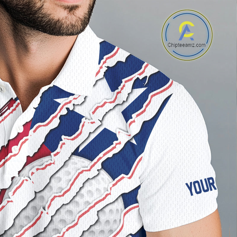 Men's model wearing Texas Flag Golf Polo Shirt, Lone Star golf apparel, personalized golf clothing, custom golf team outfit, Texas golf club fashion.
