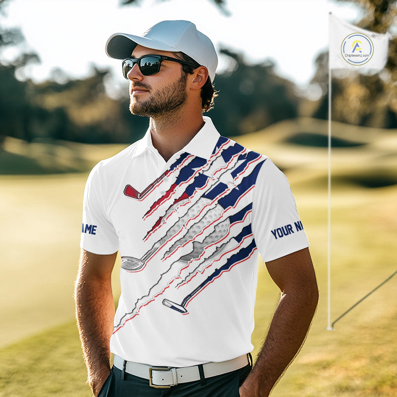 Men's model wearing Texas Flag Golf Polo Shirt, Lone Star golf apparel, personalized golf clothing, custom golf team outfit, Texas golf club fashion.