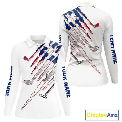 Texas Flag Women's Golf Polo Shirt mockup featuring white golf clubs design, personalized women's Texas golf apparel, Lone Star golf polo, custom golf team shirt, performance golf clothing, Texas golf tournament outfit.