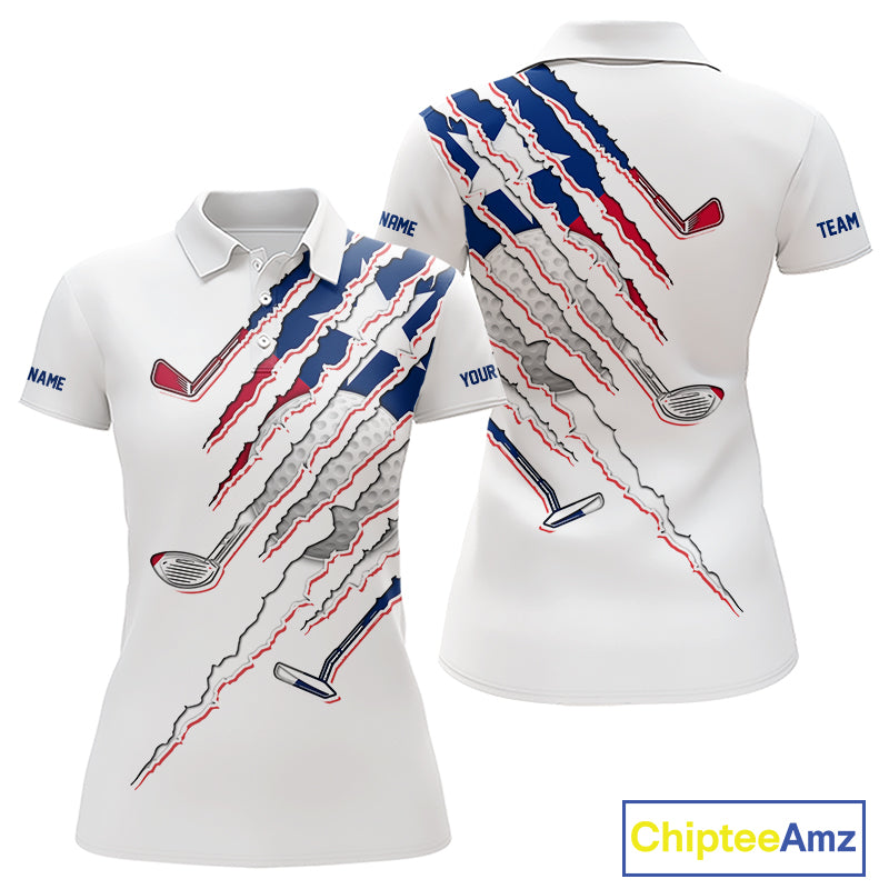Texas Flag Women's Golf Polo Shirt mockup featuring white golf clubs design, personalized women's Texas golf apparel, Lone Star golf polo, custom golf team shirt, performance golf clothing, Texas golf tournament outfit.