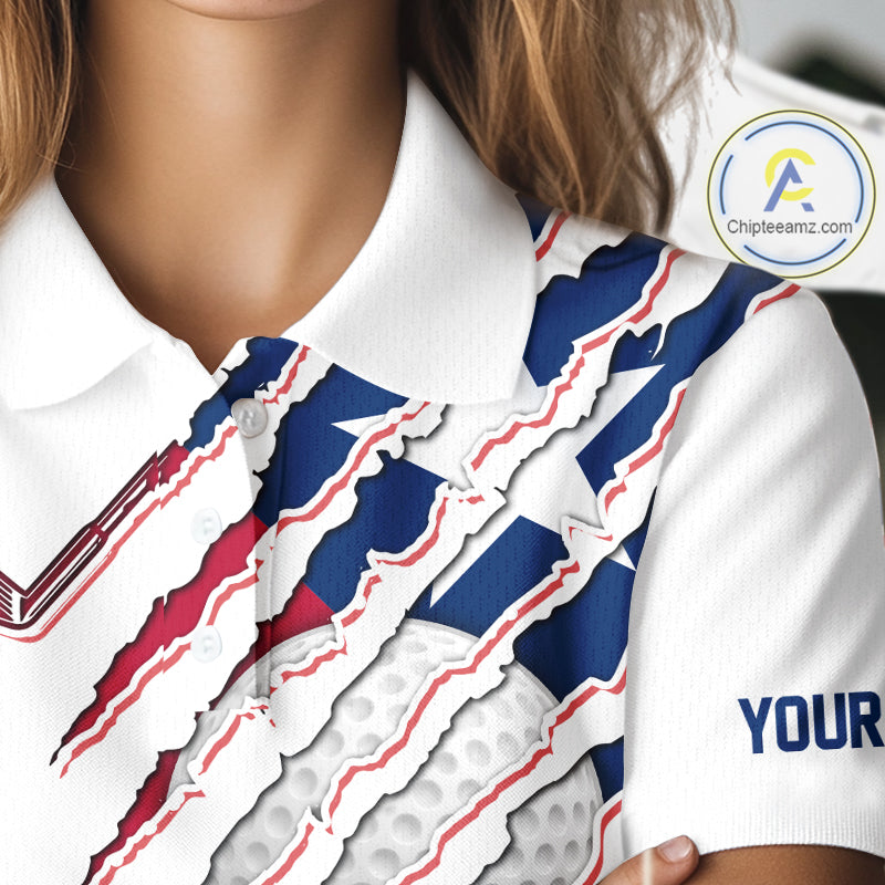 Women's model wearing Texas Flag Golf Polo Shirt, Texas golf fashion, oversized patriotic golf apparel, matching golf couple clothing, personalized golf outfit.