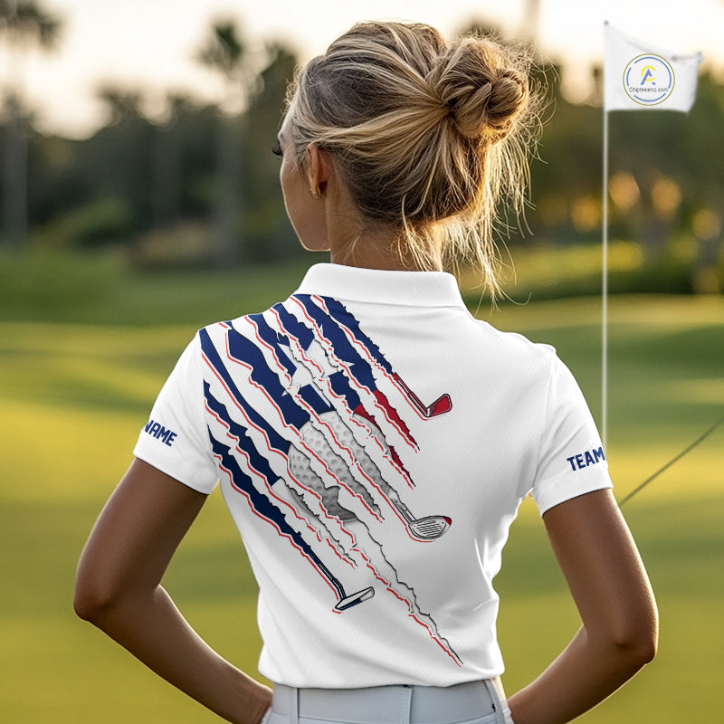 Women's model wearing Texas Flag Golf Polo Shirt, Texas golf fashion, oversized patriotic golf apparel, matching golf couple clothing, personalized golf outfit.