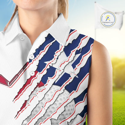 Women's model wearing Texas Flag Golf Polo Shirt, Texas golf fashion, oversized patriotic golf apparel, matching golf couple clothing, personalized golf outfit.
