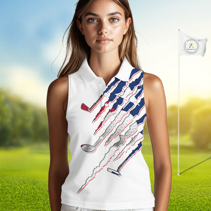 Women's model wearing Texas Flag Golf Polo Shirt, Texas golf fashion, oversized patriotic golf apparel, matching golf couple clothing, personalized golf outfit.