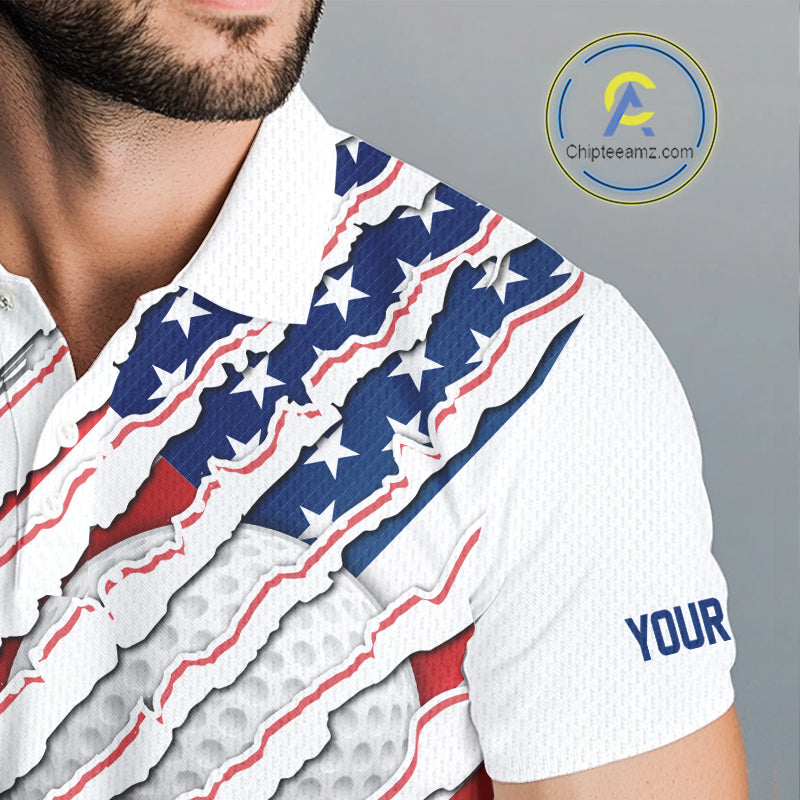 Men's model wearing American Flag Golf Polo Shirt, patriotic golf apparel, USA golf fashion, personalized golf clothing, custom golf tournament outfit, veteran golf shirt.