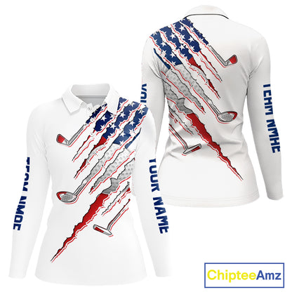 American Flag Women's Golf Polo Shirt mockup featuring white golf clubs design, personalized women's patriotic golf apparel, custom golf team polo, USA golf clothing, Memorial Day golf outfit, Independence Day golf fashion.