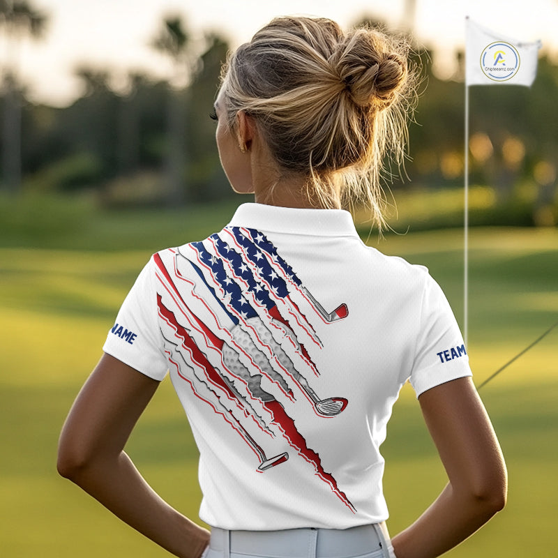 Women's model wearing American Flag Golf Polo Shirt, patriotic golf fashion, oversized USA golf apparel, matching golf couple outfit, custom golf clothing.