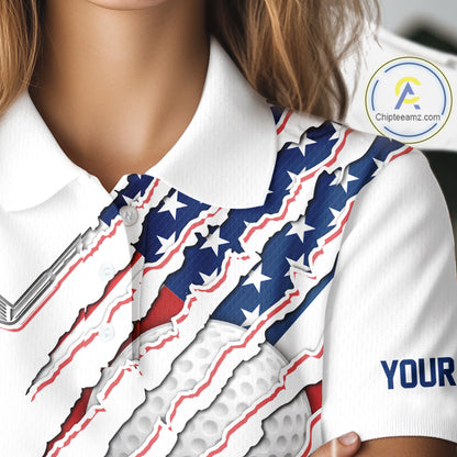 Women's model wearing American Flag Golf Polo Shirt, patriotic golf fashion, oversized USA golf apparel, matching golf couple outfit, custom golf clothing.