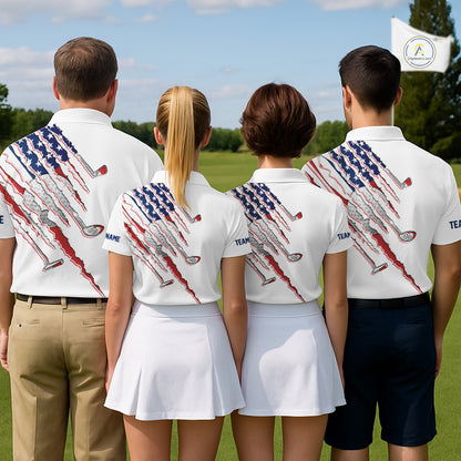 Golf team wearing American Flag Golf Polo Shirts, personalized patriotic golf uniforms, USA golf club apparel, Independence Day golf tournament jerseys, team golf outing shirts.