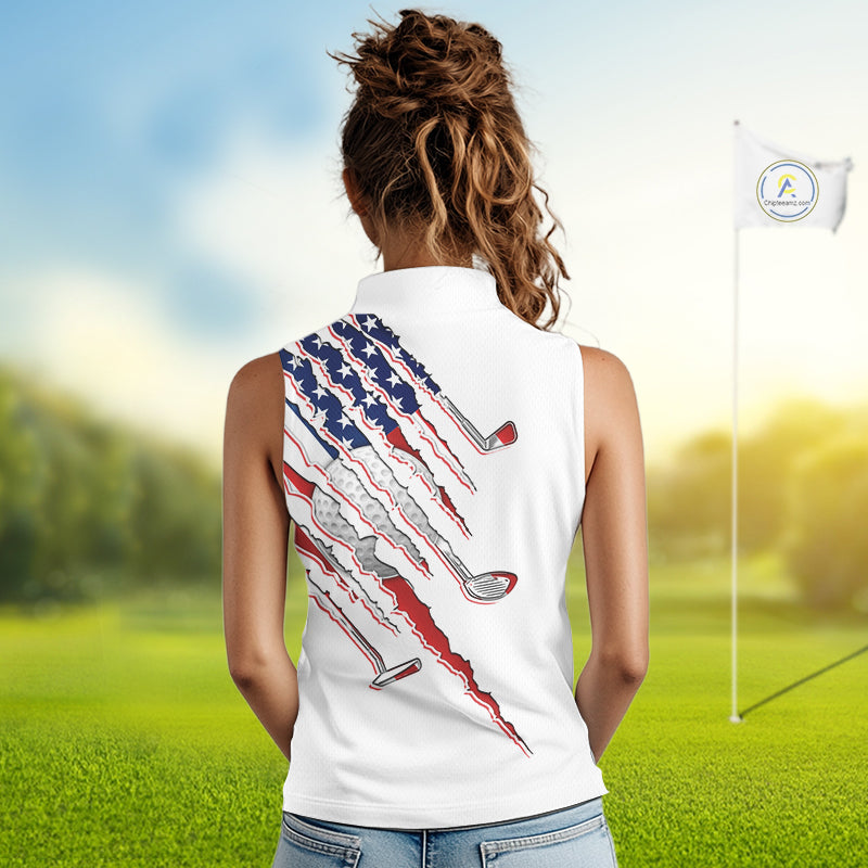 Women's model wearing American Flag Golf Polo Shirt, patriotic golf fashion, oversized USA golf apparel, matching golf couple outfit, custom golf clothing.