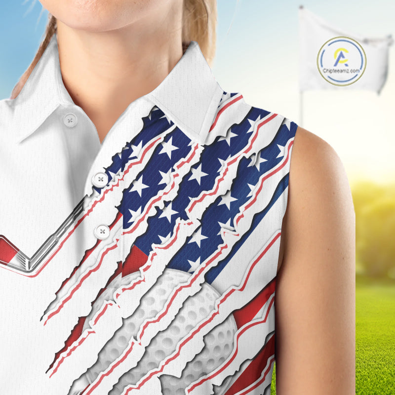 Women's model wearing American Flag Golf Polo Shirt, patriotic golf fashion, oversized USA golf apparel, matching golf couple outfit, custom golf clothing.