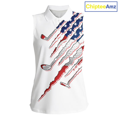American Flag Sleeveless Golf Polo Shirt mockup featuring white golf clubs design, patriotic golf apparel, personalized golf polo, custom golf team shirt, USA golf clothing, Independence Day golf outfit.