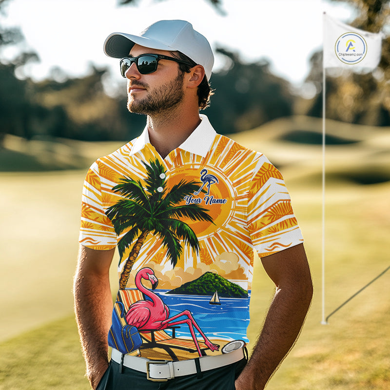 Funny Flamingo Mens Golf Polo Shirt Custom Summer Tropical Golf Team Clothing Golf Gifts NYN3262