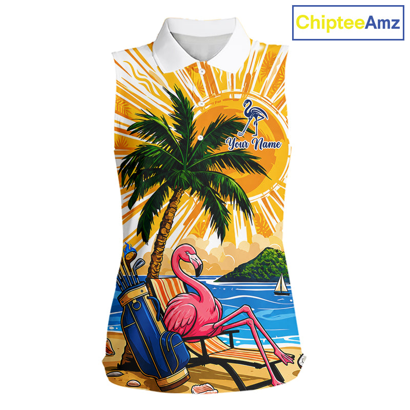 Funny Flamingo Womens Golf Sleeveless Polo Shirt Custom Summer Tropical Golf Team Clothing Golf Gifts NYN3262