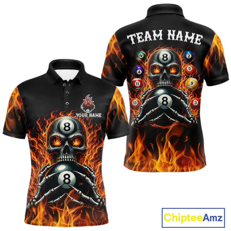 Fire Flame Skull 8 Ball men's billiard polo shirt custom red flame pool jersey, personalized billiards team uniform, tournament cue sports apparel