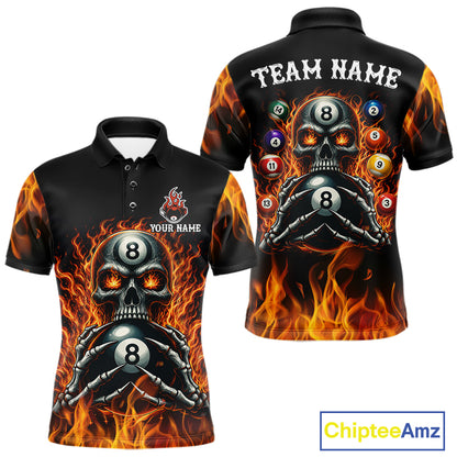 Fire Flame Skull 8 Ball men's billiard polo shirt custom red flame pool jersey, personalized billiards team uniform, tournament cue sports apparel