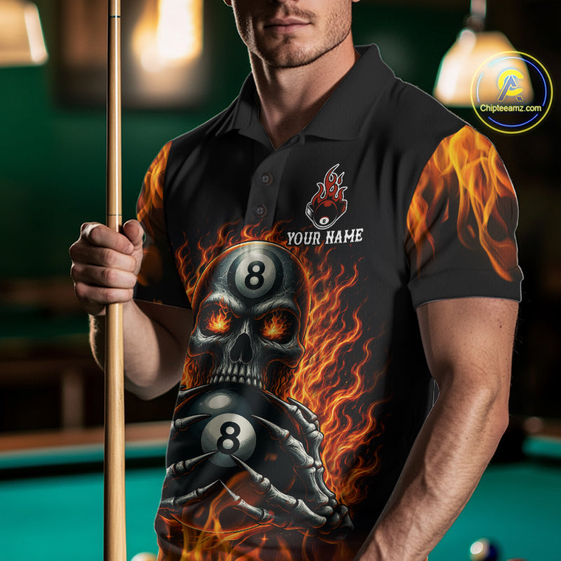 Male billiards player wearing Fire Flame Skull 8 Ball red pool jersey during league and tournament play