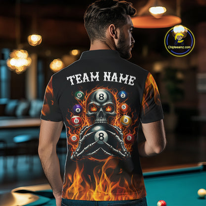 Male billiards player wearing Fire Flame Skull 8 Ball red pool jersey during league and tournament play