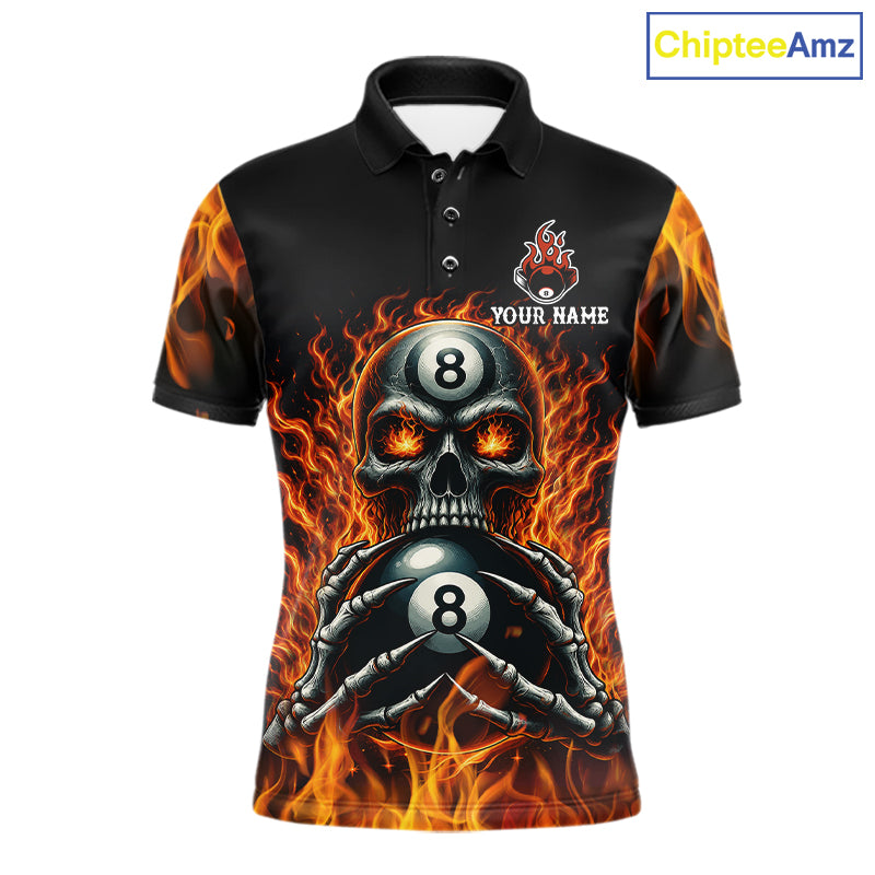 Fire Flame Skull 8 Ball men's billiard polo shirt custom red flame pool jersey, personalized billiards team uniform, tournament cue sports apparel